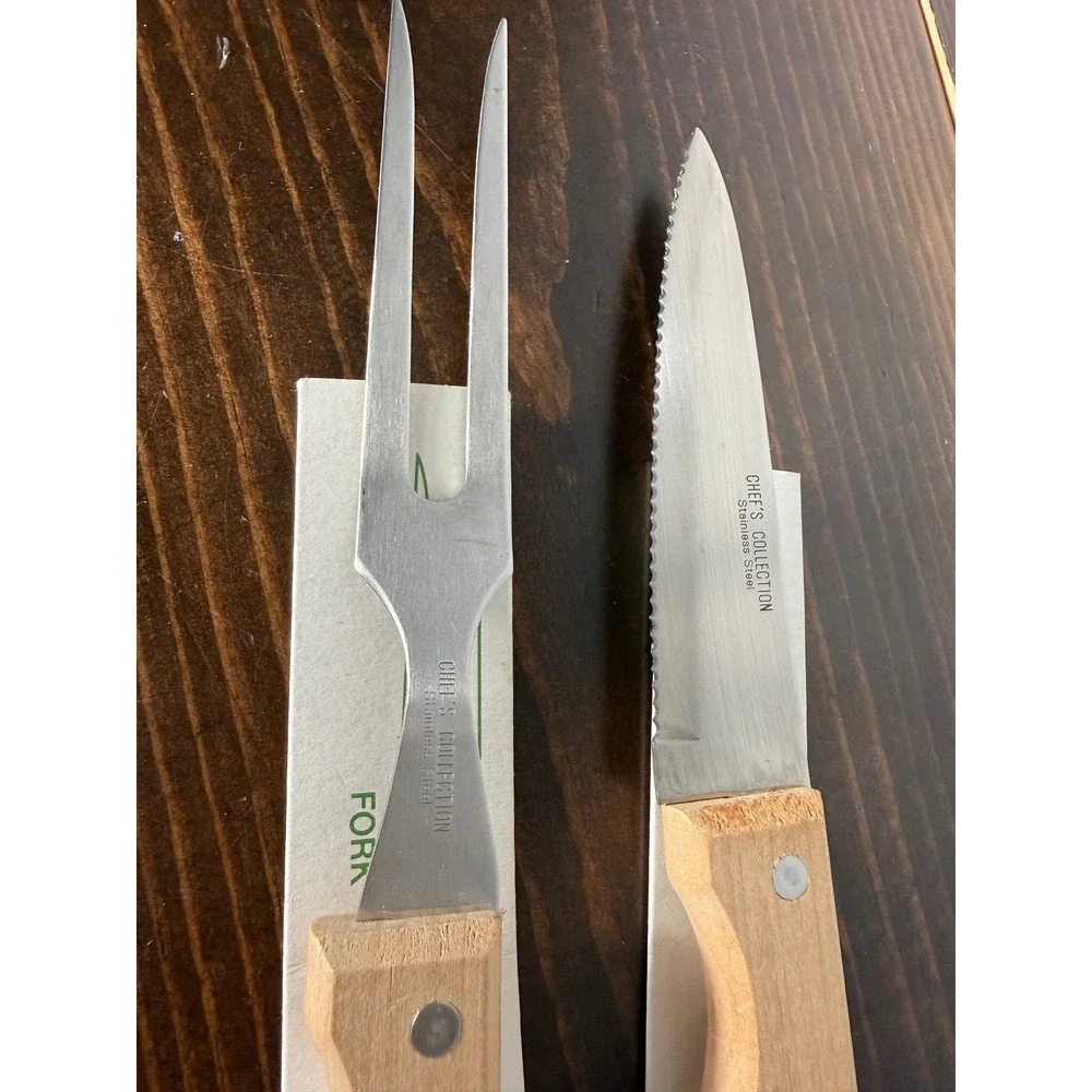 Chef's Collection Stainless Steel Carving Set Wood Handle Bread Knife Meat Fork